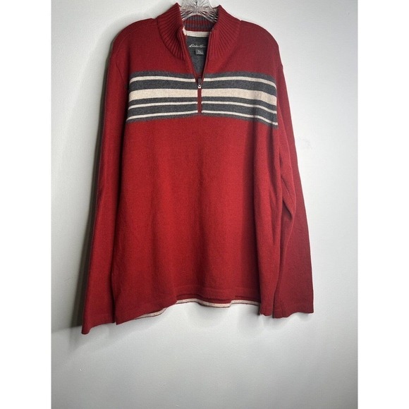 EDDIE Bauer Wool Blend Sweater 1/4 Zip up Large Red Stripes - Picture 1 of 9